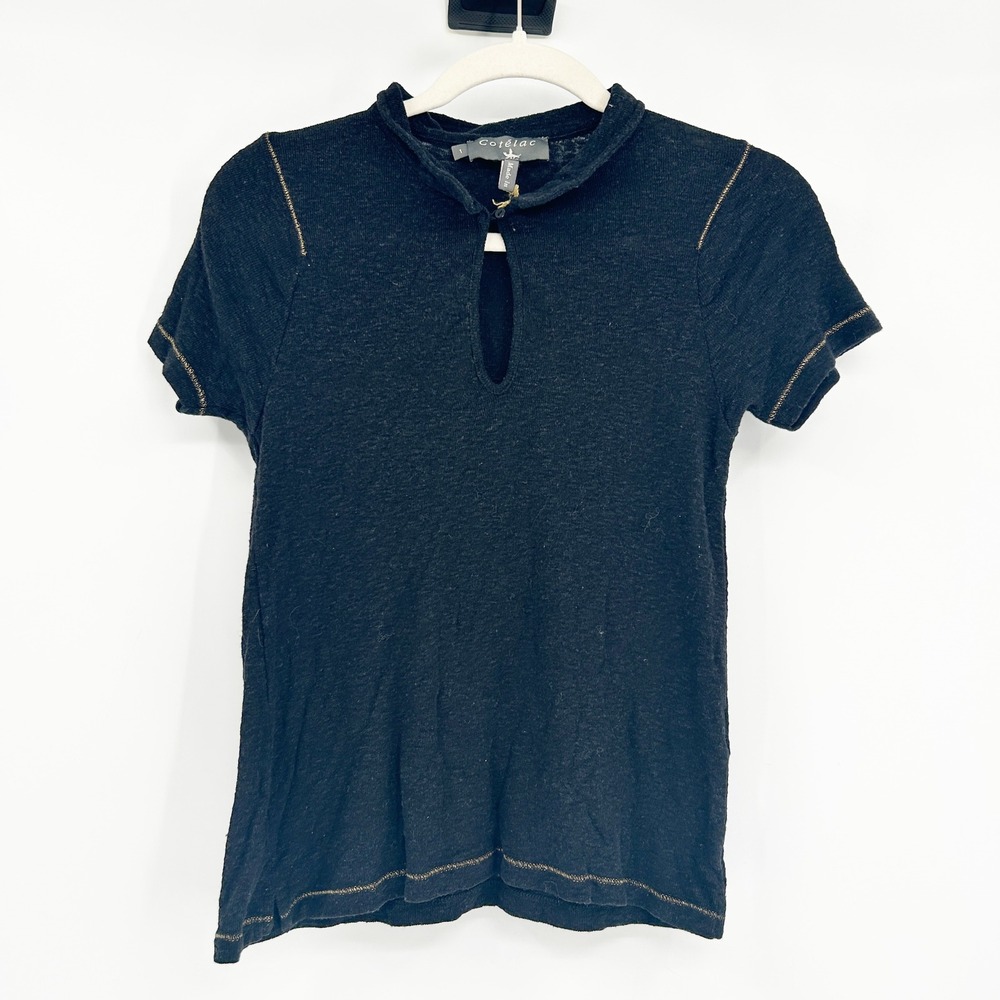 Cotélac Womens Linen Wool Blend Quiet Luxury Short‎ Sleeve Collared Knit Top M